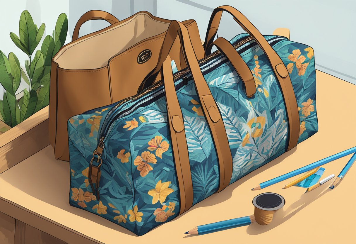 A canvas bag lies open on a wooden table, with a pencil and measuring tape nearby. The bag's design features geometric patterns and floral motifs