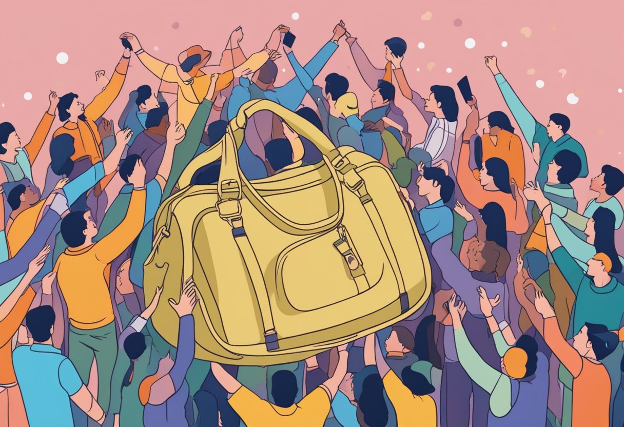 A bulk sling bag surrounded by question marks and people reaching for it