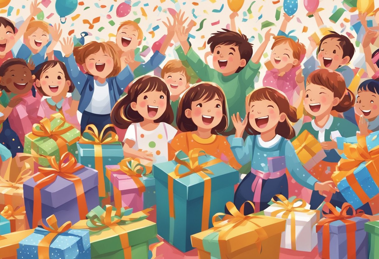 Children excitedly receiving corporate gifts at a festive event. Wrapping paper, ribbons, and colorful boxes strewn about. Joyful expressions and laughter fill the air