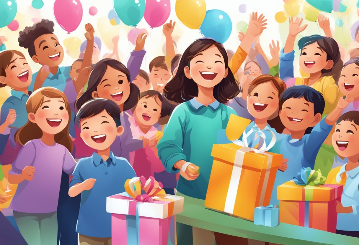 Children happily receiving corporate gifts at a colorful event