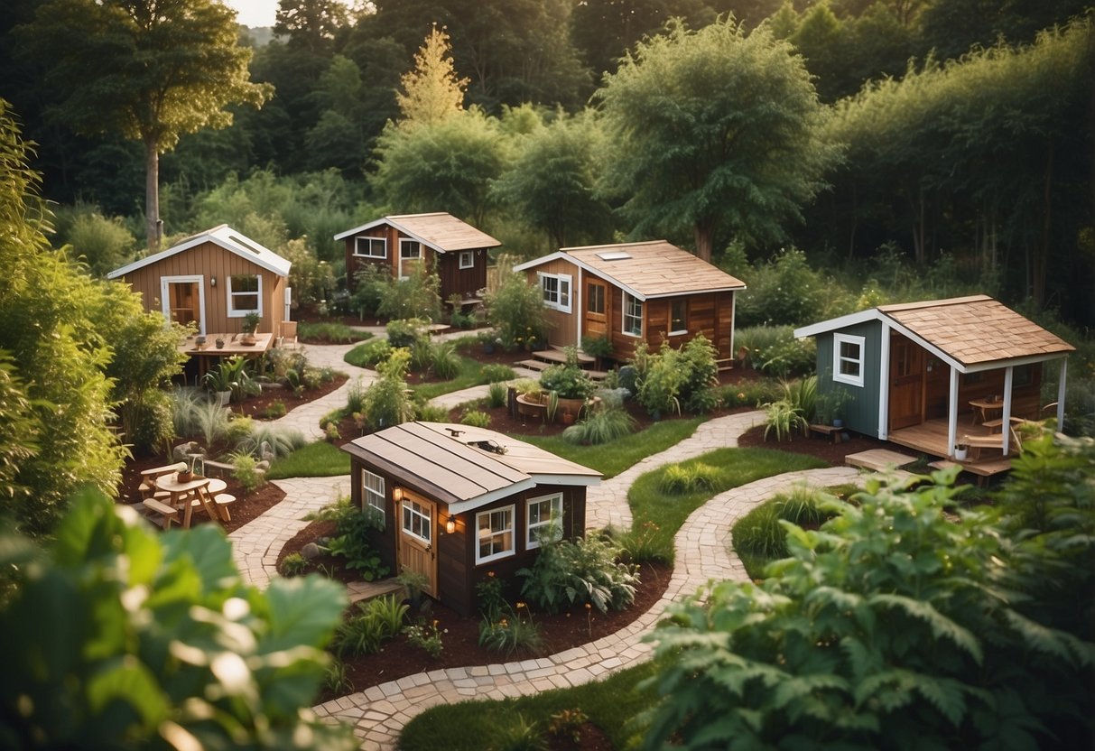A cluster of tiny homes surrounded by lush greenery, with a central community area featuring a fire pit, picnic tables, and a shared garden