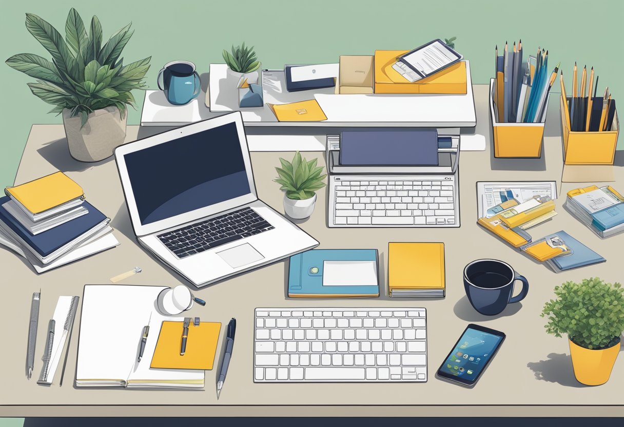 A table displaying a variety of corporate gift options, including branded stationery, tech accessories, and eco-friendly products