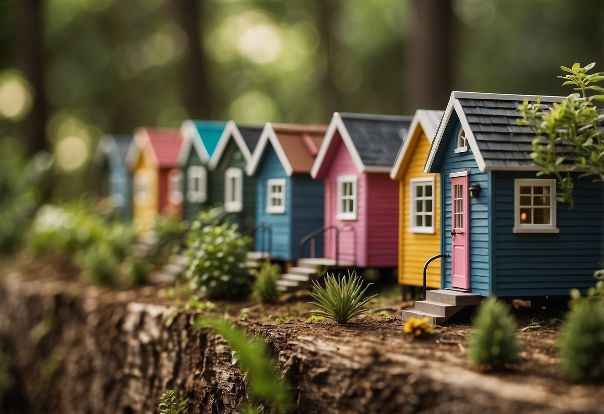 A row of colorful tiny homes surrounded by trees and greenery, with a sign reading "Frequently Asked Questions tiny home communities in USA" in the foreground