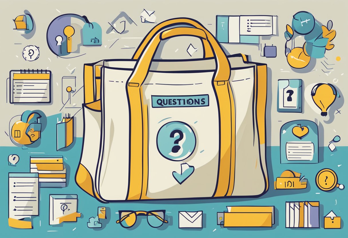 A canvas bag with "Frequently Asked Questions" text, surrounded by various question marks and symbols