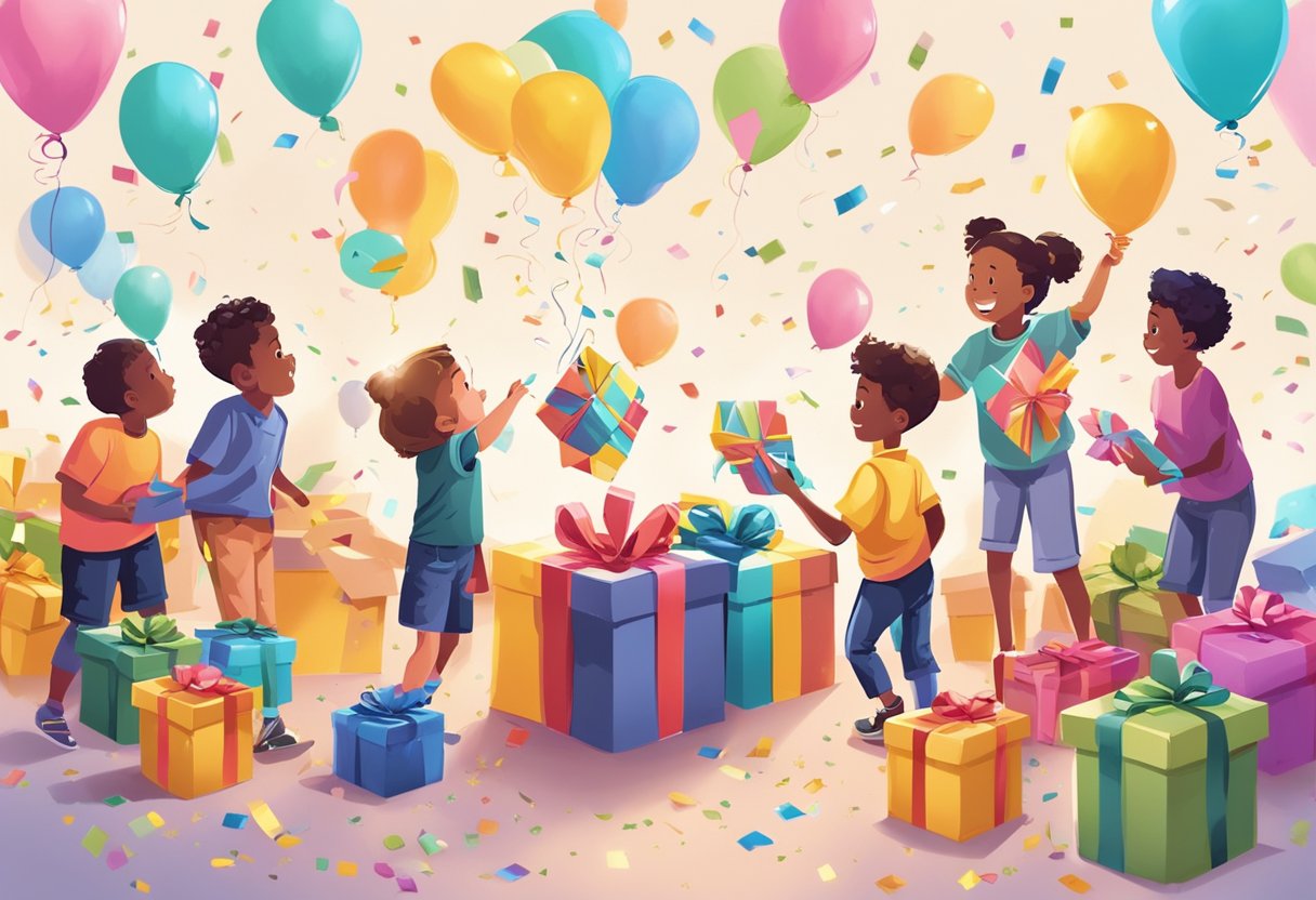 Children eagerly open corporate gift boxes, surrounded by colorful balloons and confetti. Frequently Asked Questions pamphlets lay nearby