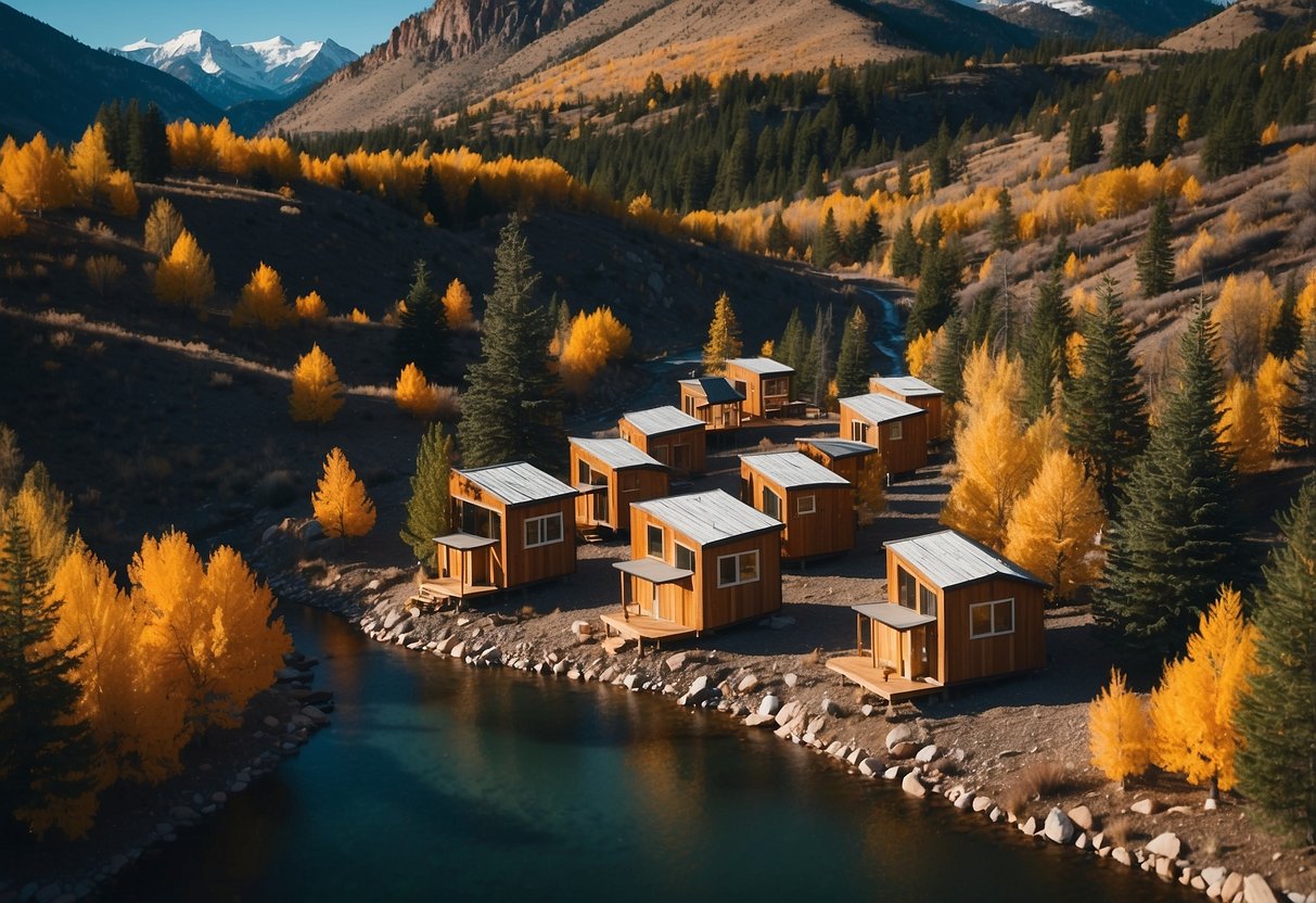 A cluster of tiny homes nestled in the Utah mountains, surrounded by trees and a winding river, with a backdrop of snow-capped peaks