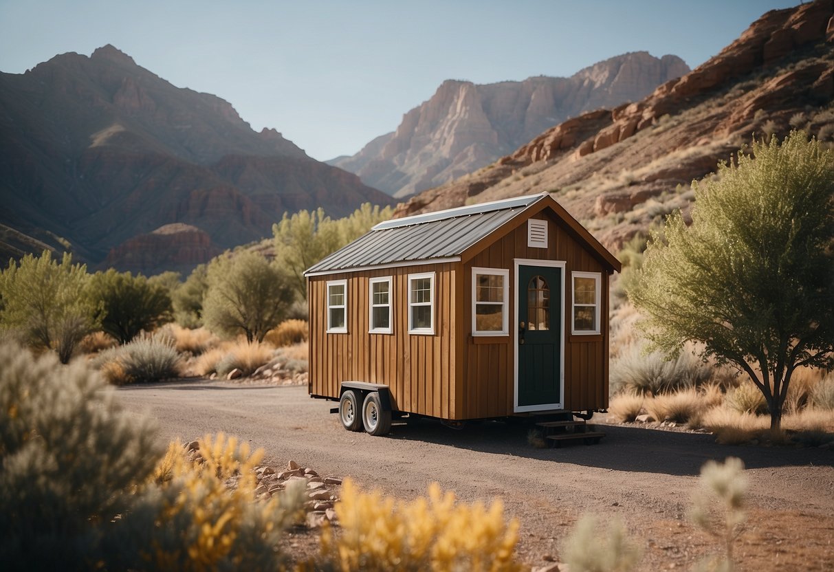 A cozy tiny home nestled in a picturesque Utah community, surrounded by stunning mountain views and natural landscapes