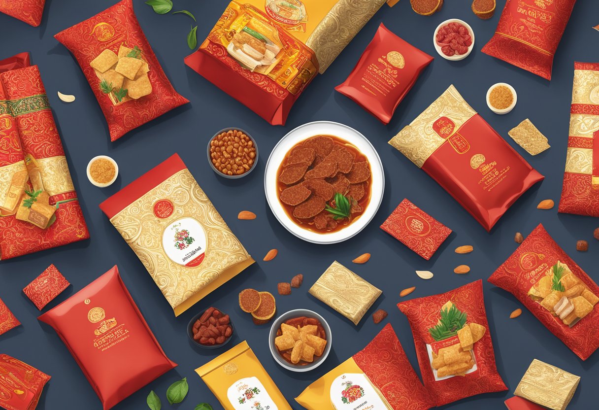 A table displays various packaging of CNY bak kwa corporate gifts