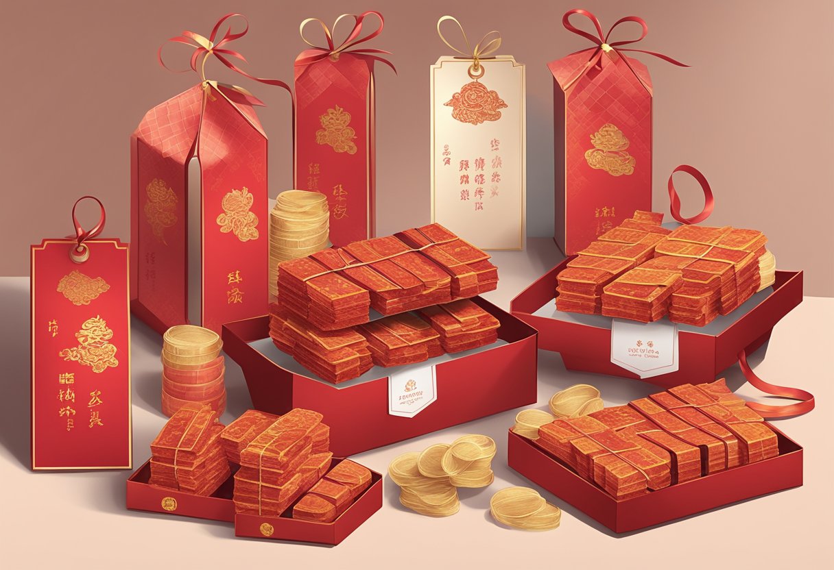 A table adorned with neatly arranged boxes of CNY Bak Kwa, accompanied by elegant corporate gift tags and ribbons
