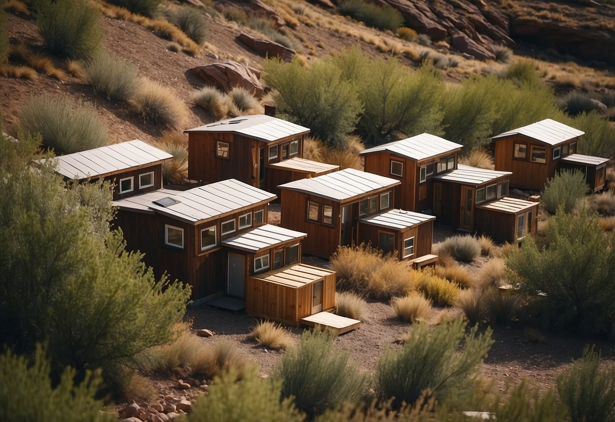 A cluster of tiny homes nestled in a scenic Utah landscape, with communal spaces and sustainable features