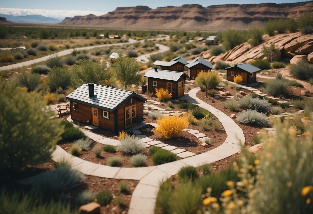 A cluster of tiny homes nestled in the picturesque Utah landscape, with winding pathways and communal gathering areas