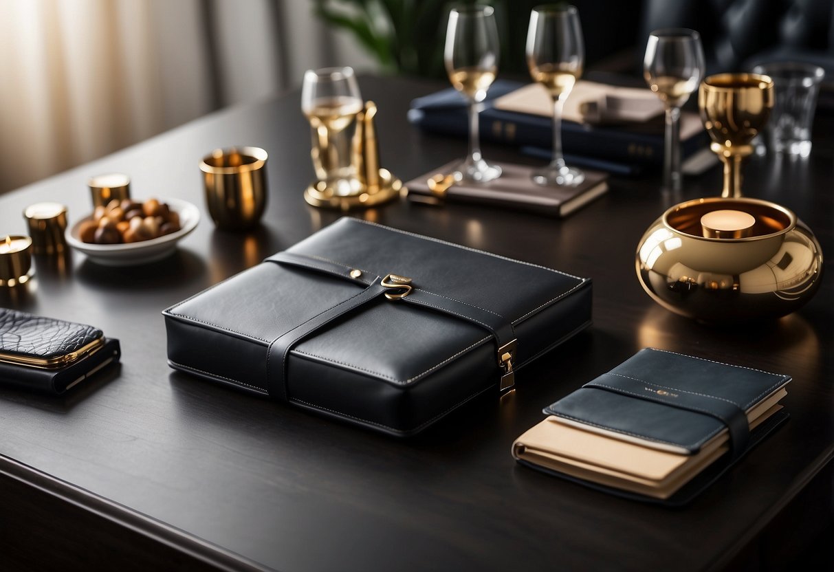 A table adorned with elegant, personalized corporate gifts, including branded pens, sleek leather portfolios, and luxurious gift baskets