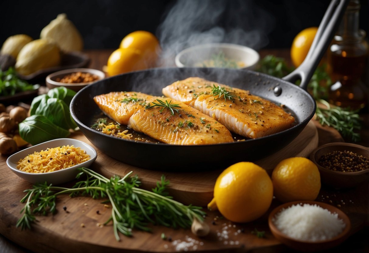 A sizzling pan with golden fish fillets, surrounded by a variety of spices and herbs, as steam rises from the delicious lady fish fry recipe