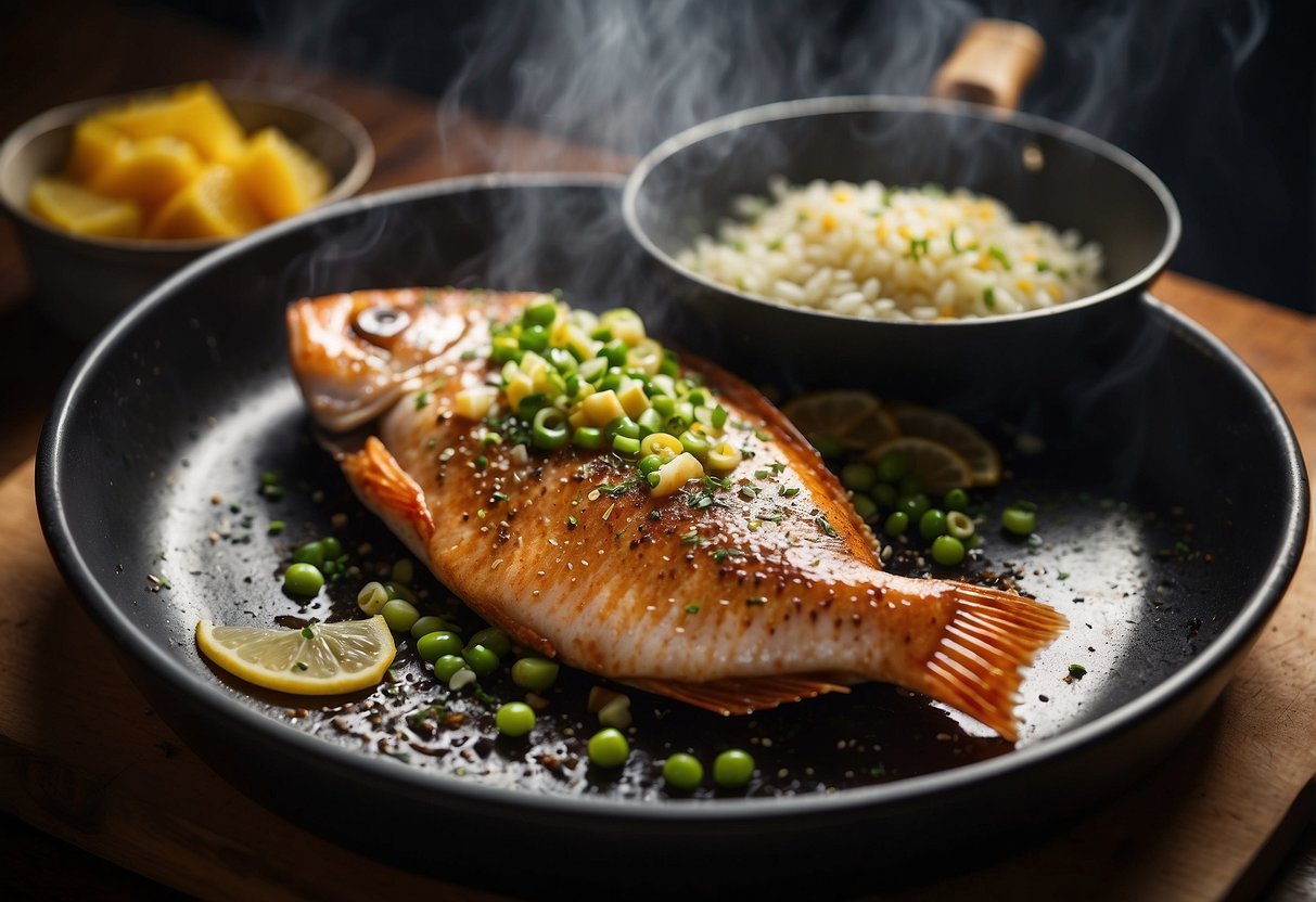 A fish being seasoned and battered, a pan sizzling with hot oil, and a plate of fresh ingredients ready to be used