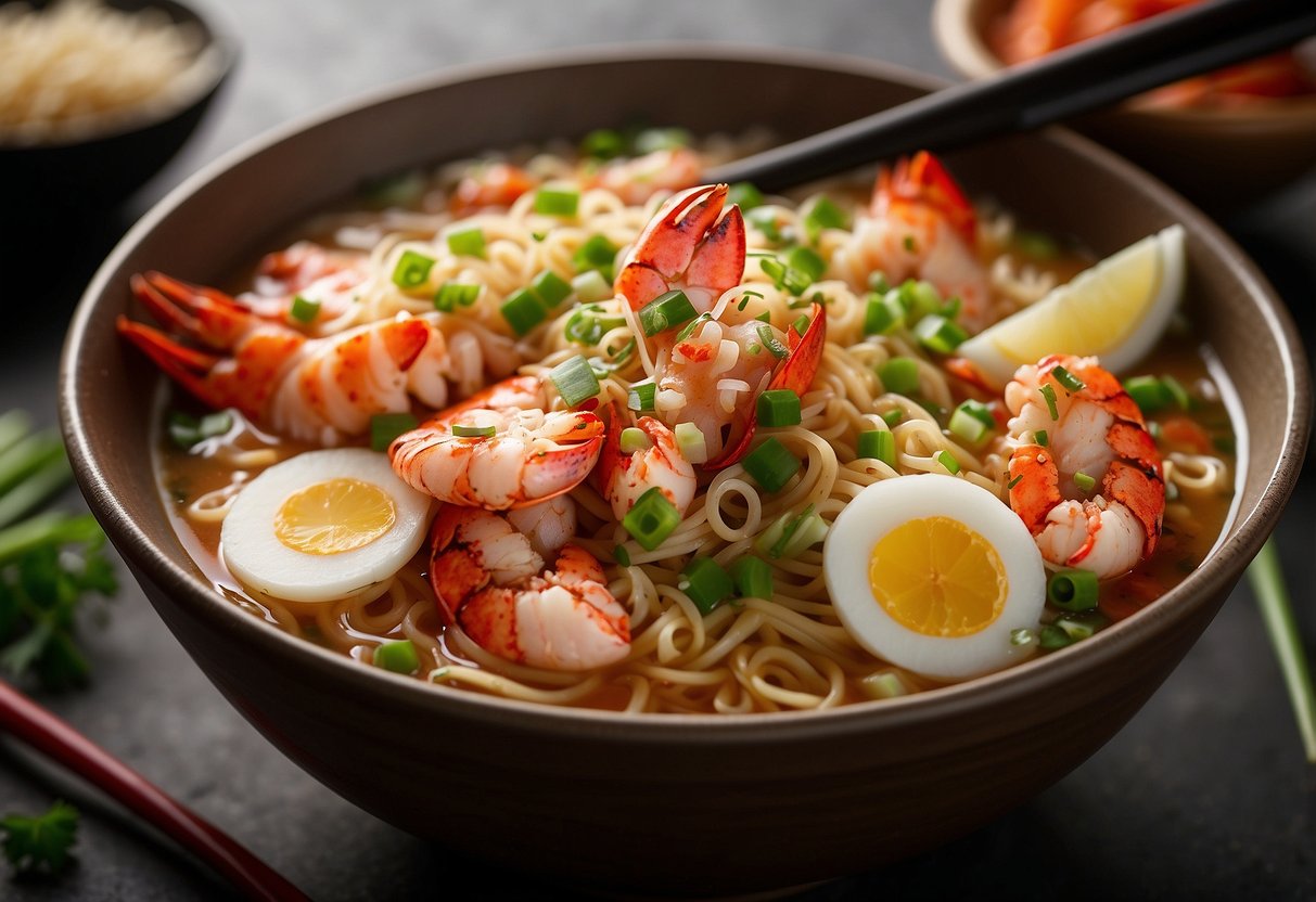 A steaming bowl of lobster ramen with noodles, chunks of tender lobster meat, green onions, and a rich, savory broth, garnished with a sprinkle of sesame seeds and a drizzle of chili oil