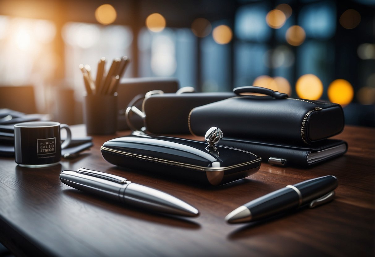A table displaying a variety of high-quality corporate gifts, including branded pens, notebooks, and tech accessories, with a banner reading "Best Rated Corporate Gifts" in the background
