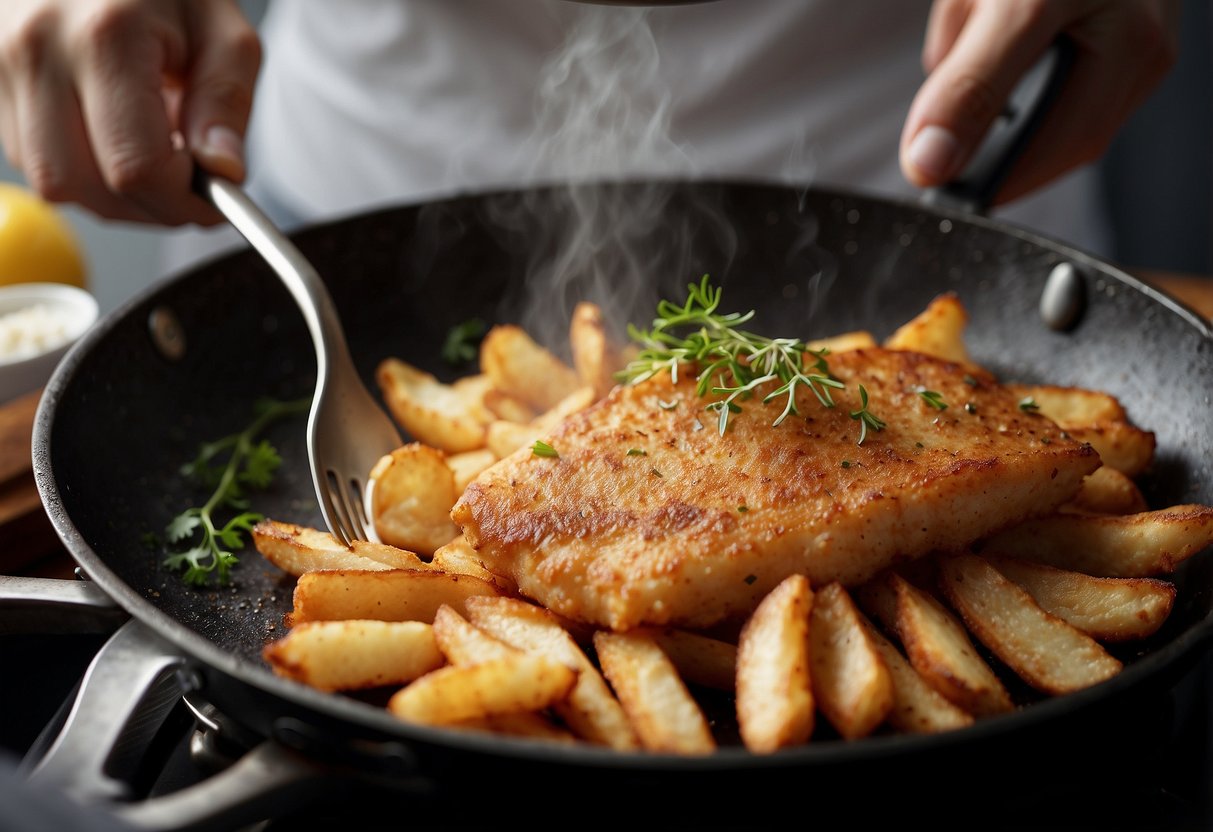 A sizzling lady fish fries in a hot pan. A hand serves the golden-brown fillet on a white plate