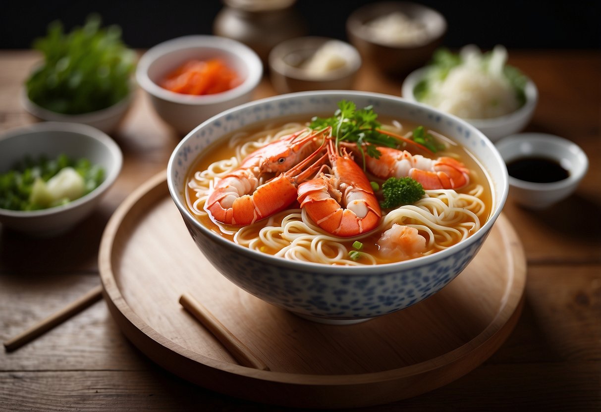 A steaming bowl of lobster ramen sits on a wooden table, surrounded by chopsticks and a spoon. The rich broth and tender lobster pieces are visible through the clear broth