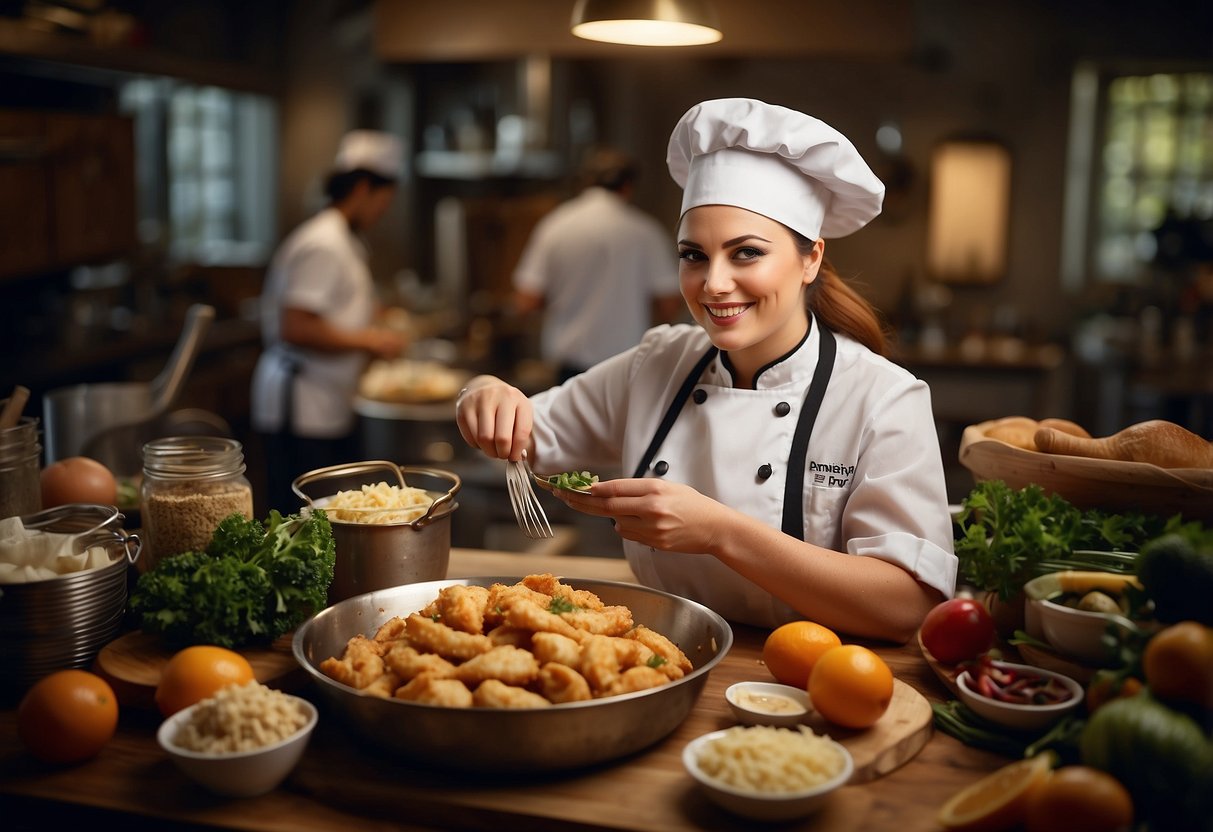 A woman in a chef's hat preparing a fish fry dish, surrounded by various ingredients and utensils, with a sign reading "Frequently Asked Questions lady fish fry recipe" in the background