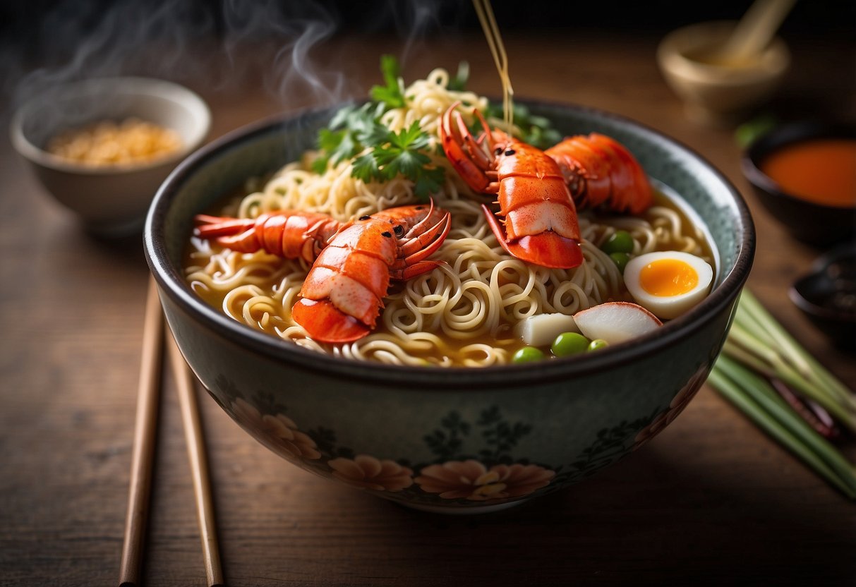 A steaming bowl of lobster ramen sits on a wooden table, surrounded by chopsticks and a decorative bowl. Steam rises from the rich, savory broth, and chunks of succulent lobster meat peek out from the noodles