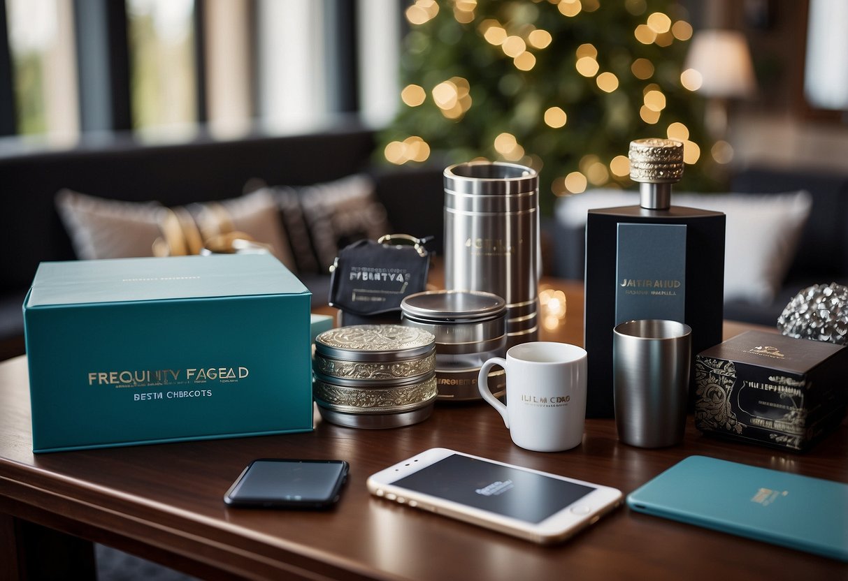 A table with various corporate gifts displayed, including branded items and luxury products, with a sign reading "Frequently Asked Questions best rated corporate gifts" displayed prominently