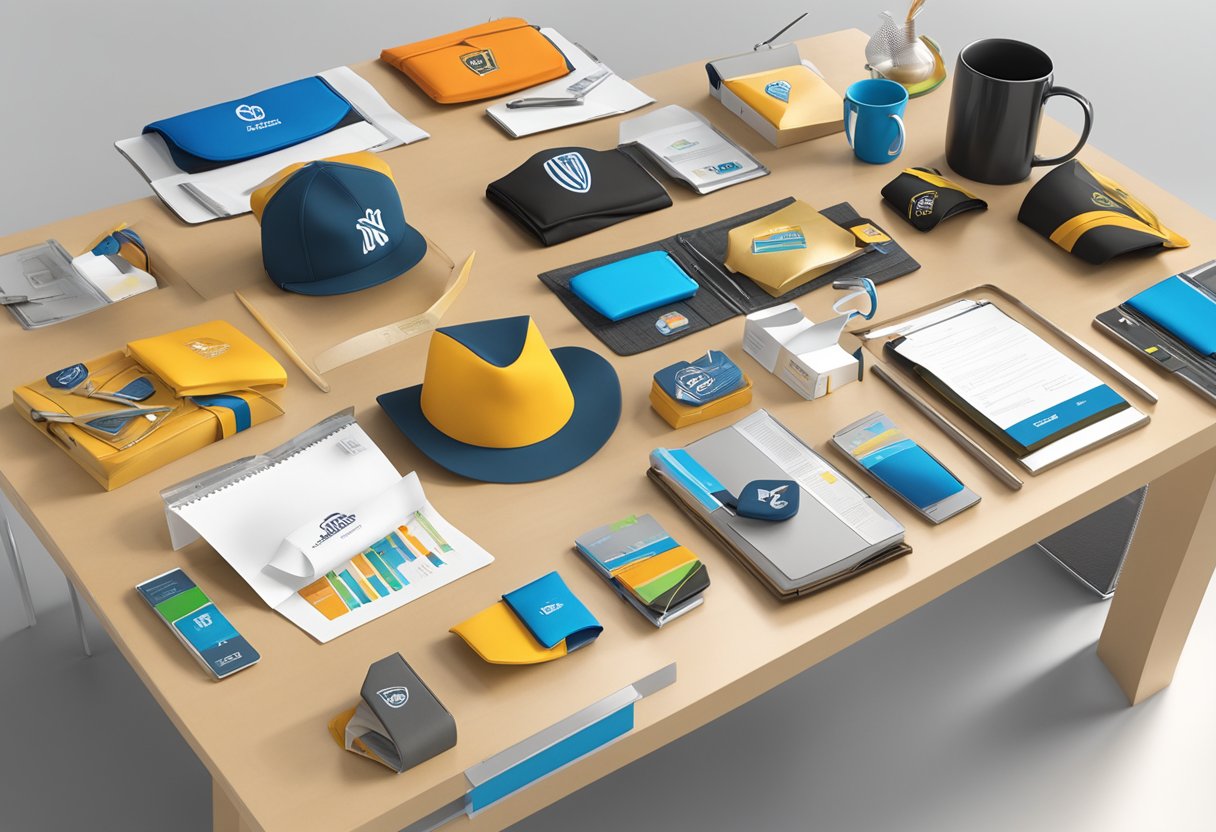 A table displaying various 3D corporate gifts, including branded merchandise and custom-made items, with a company logo prominently featured