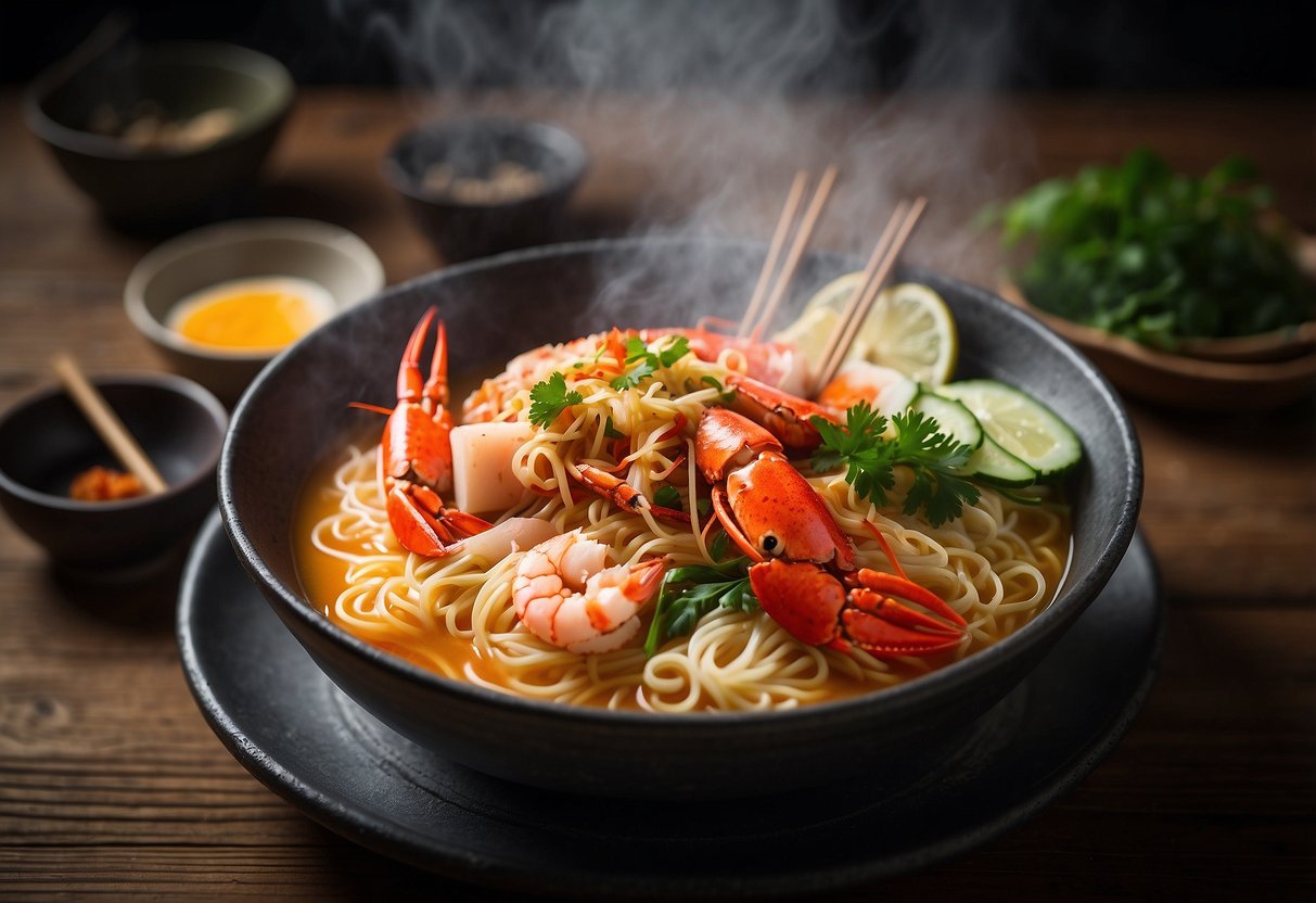 A steaming bowl of lobster ramen sits on a rustic wooden table, surrounded by chopsticks and a small dish of garnishes. Steam rises from the rich broth, and the vibrant colors of the lobster and noodles create an inviting scene