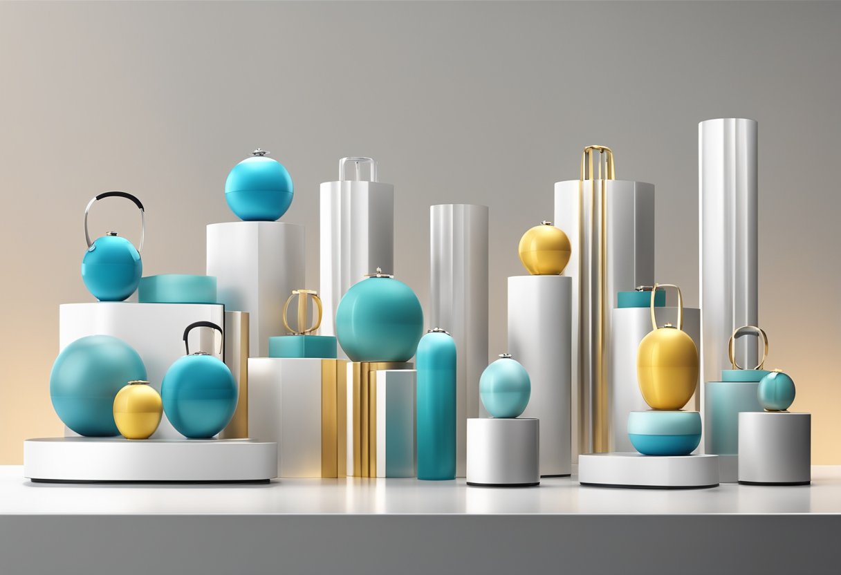 A collection of 3D corporate gifts arranged on a sleek, modern display stand, with a variety of shapes and sizes, showcasing the versatility and sophistication of the products