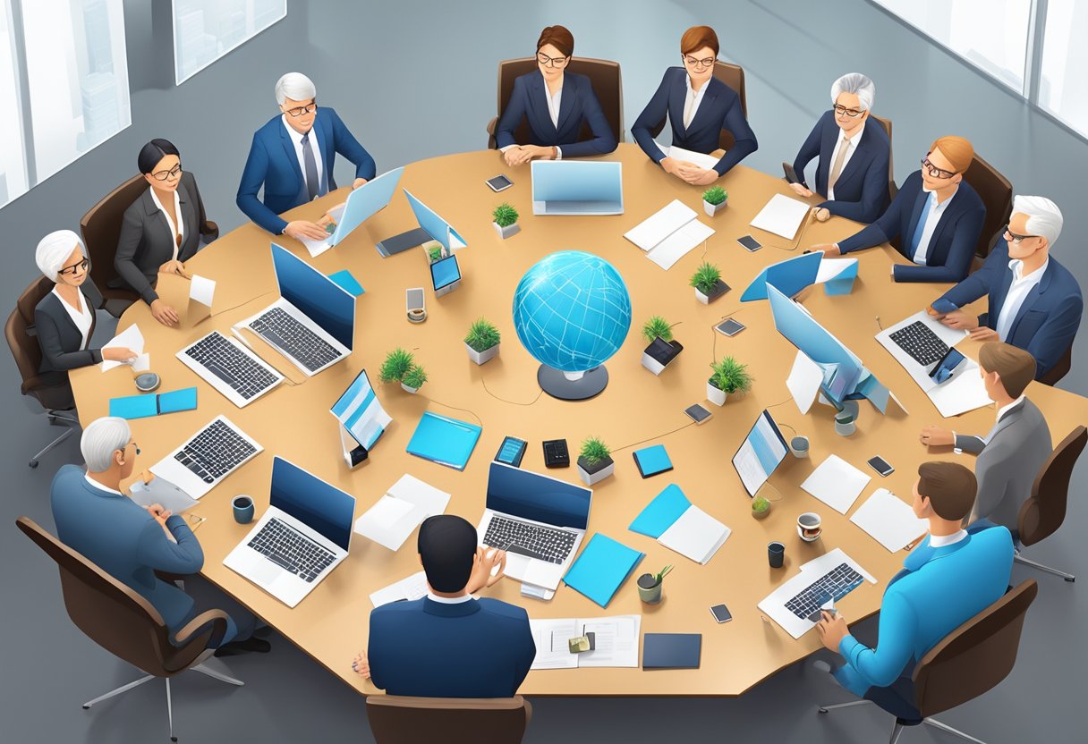 A conference table adorned with branded 3D corporate gifts, surrounded by executives exchanging ideas and networking