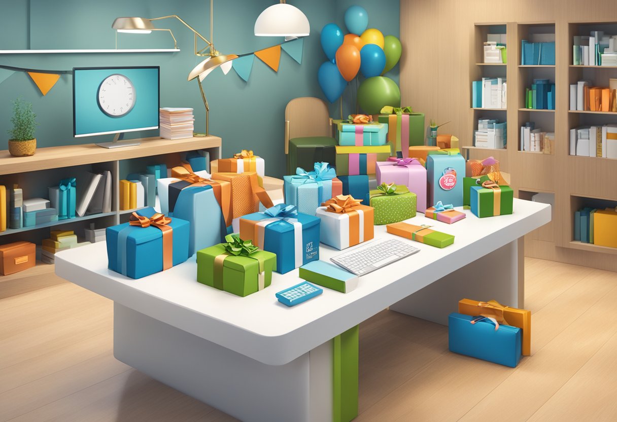 A table with various 3D corporate gifts displayed, including branded items and custom designs. A sign reads "Frequently Asked Questions" with contact information