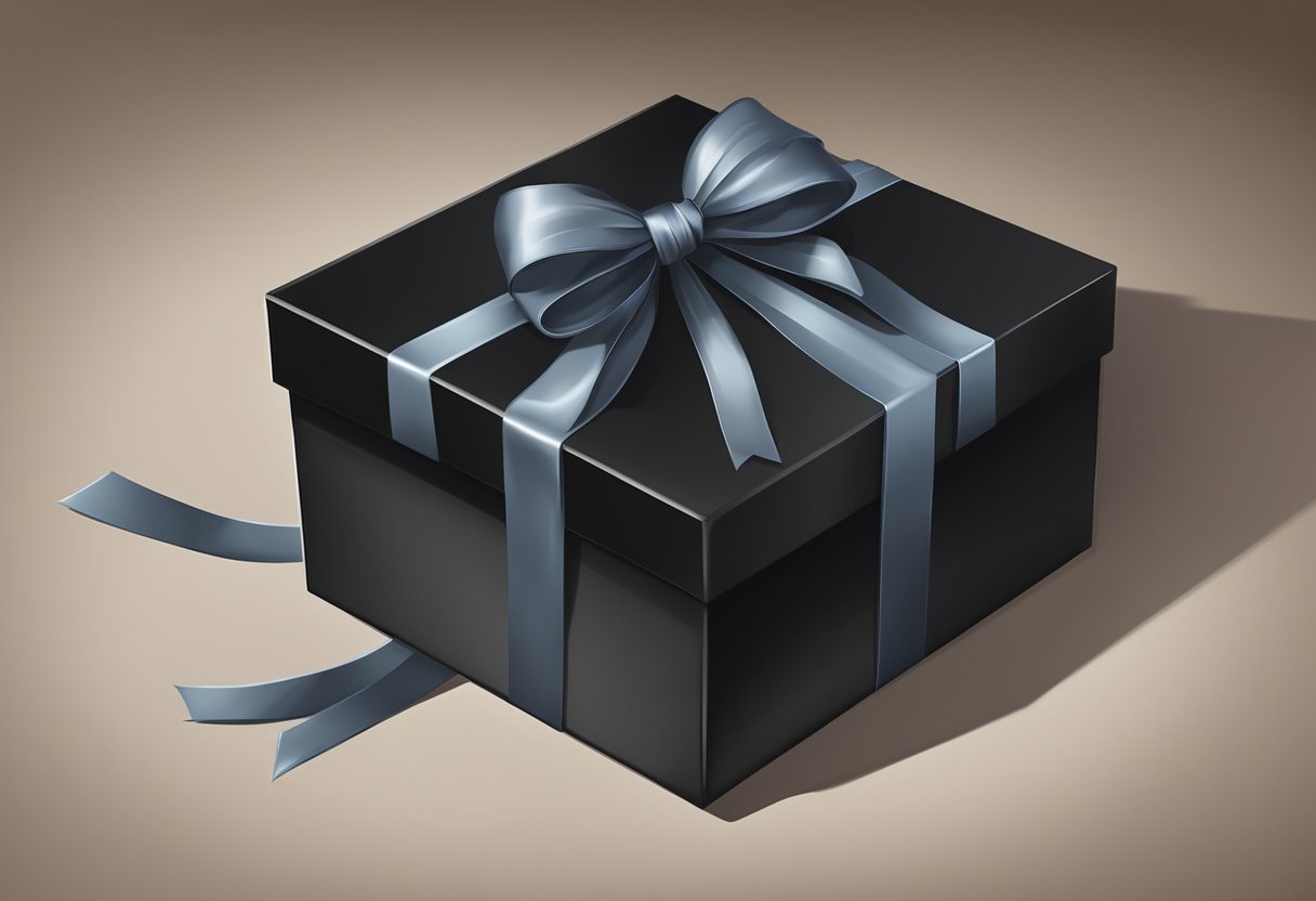 A black box sits on a table, adorned with a bow, ready for gifting
