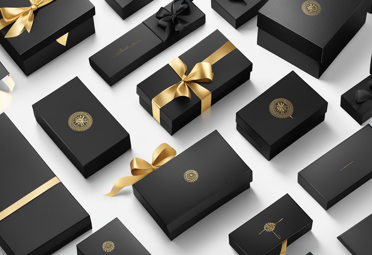 A stack of sleek black gift boxes with glossy finish and gold embossed logos, arranged on a white marble table