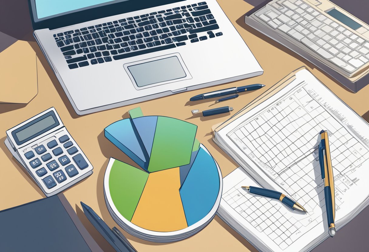 A table with a laptop, pen, and notepad. A stack of gift catalogs and a calculator. A chart showing budget breakdown