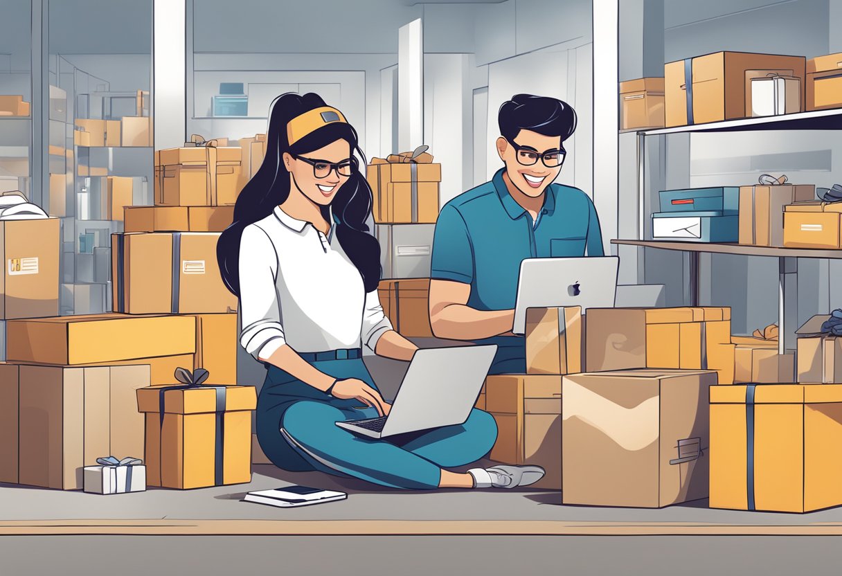 Employees smiling, opening boxes with branded merchandise inside. A mix of high-quality tech gadgets, luxury items, and personalized gifts