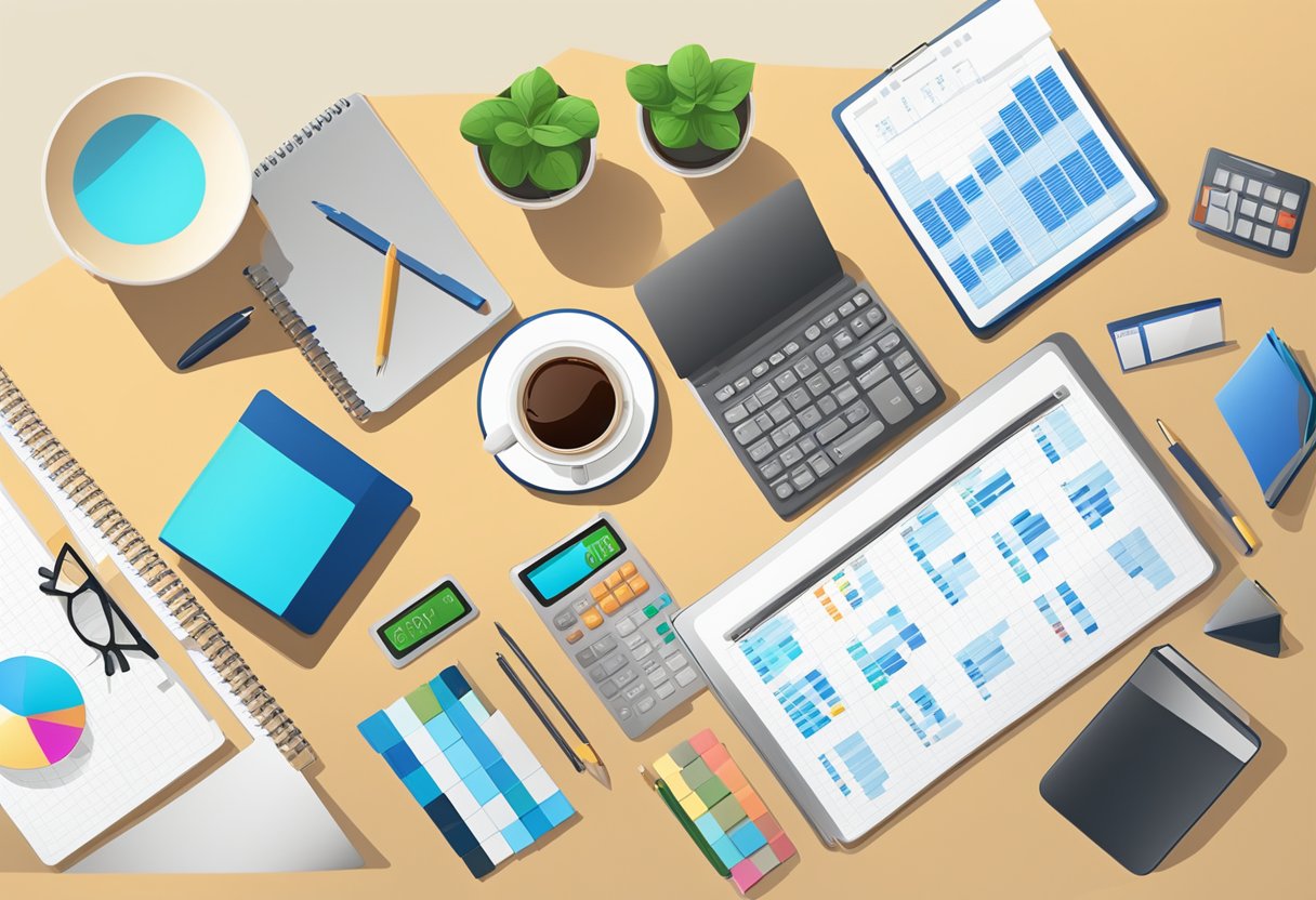 A table with a laptop, notepad, and pen. A calculator and budget spreadsheet open. A cup of coffee nearby