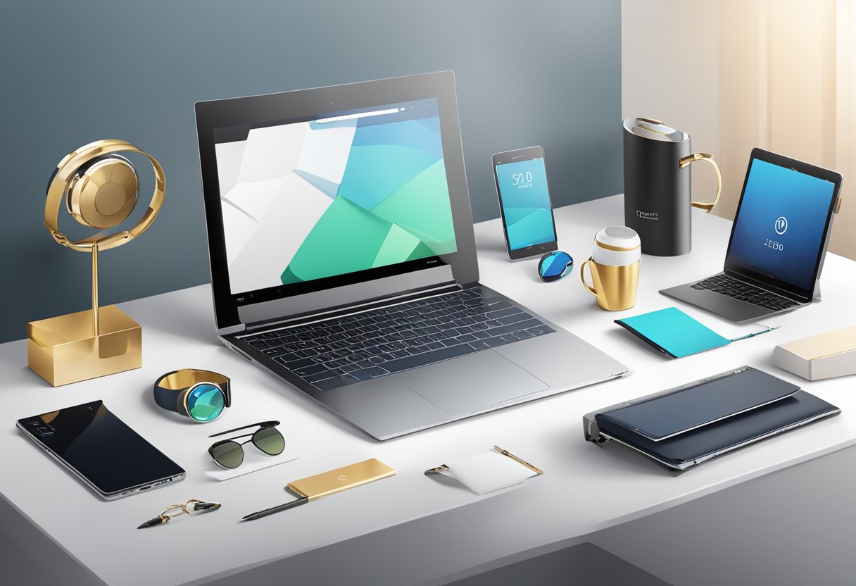 A table displaying various high-quality corporate gifts, including branded items, tech gadgets, and luxury accessories. Bright, professional atmosphere