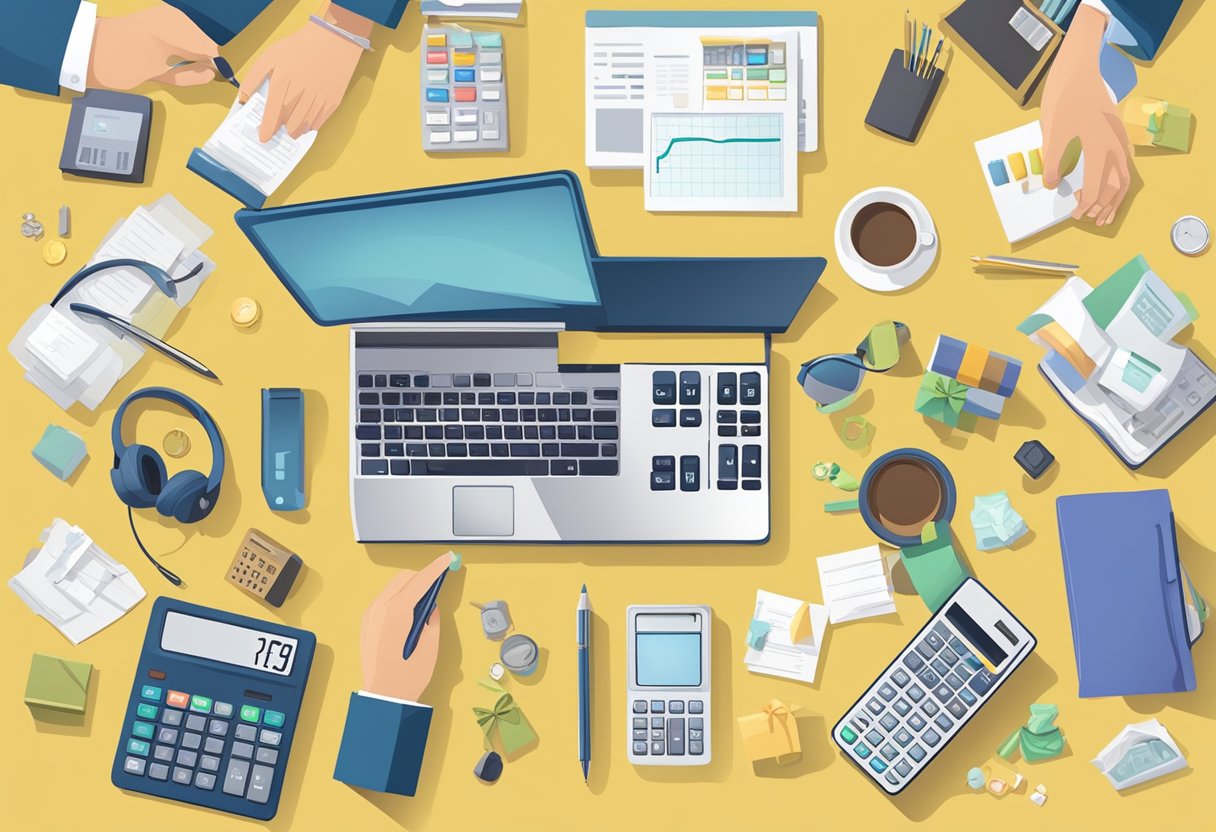 A person choosing corporate gifts within a budget, surrounded by various gift options and a calculator