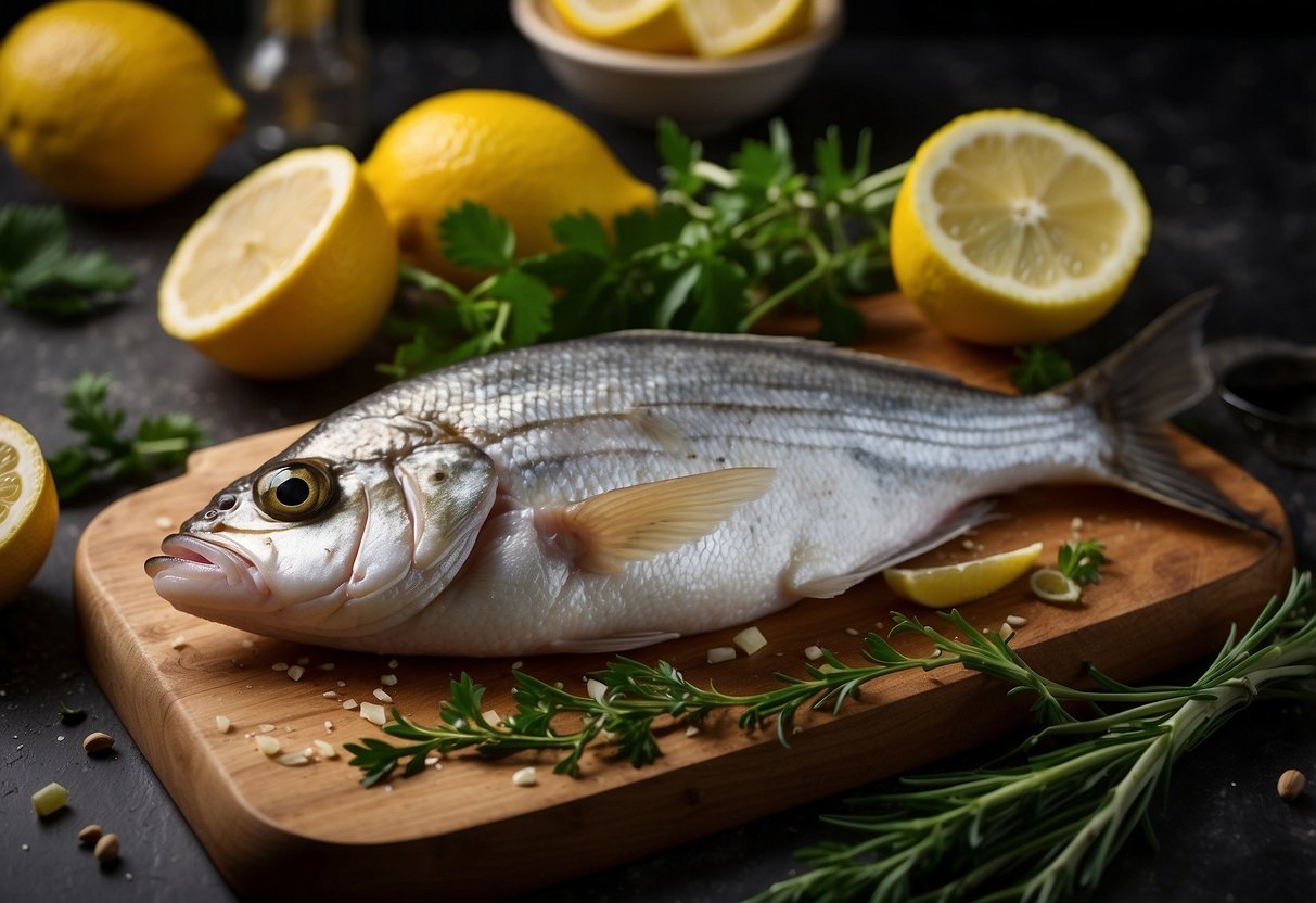 A lemon fish recipe being prepared with fresh ingredients and vibrant colors, including lemons, herbs, and a whole fish on a cutting board