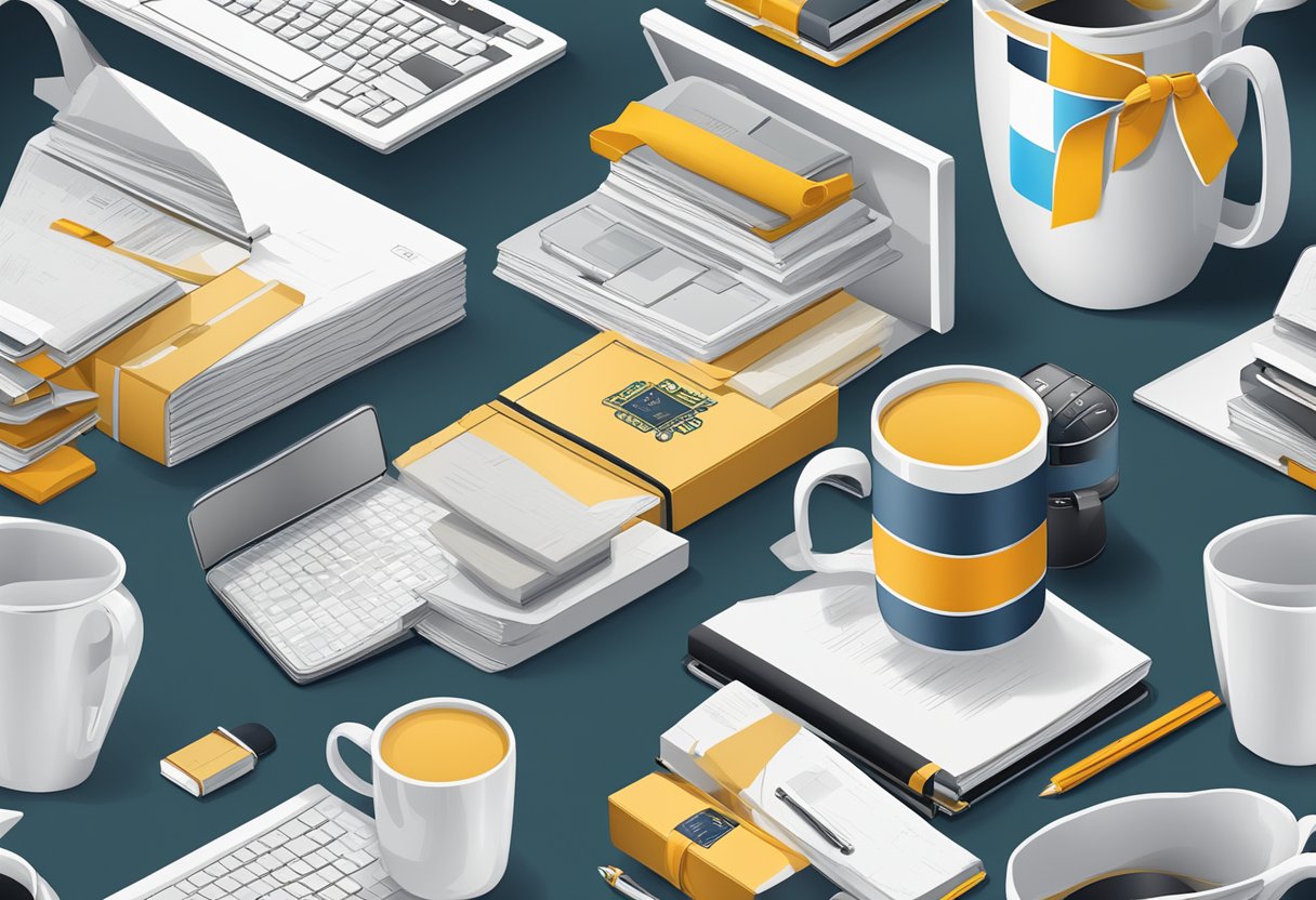 A table adorned with branded merchandise: mugs, notebooks, and tech gadgets. A stack of gift boxes with company logos