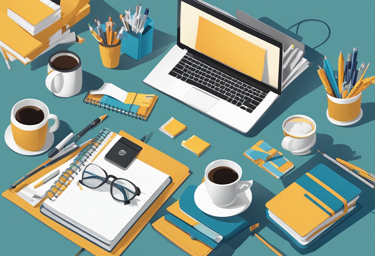 A table with various branded corporate gifts, such as mugs, pens, and notebooks, displayed neatly. A banner in the background reads "Benefits of Corporate Gifts."