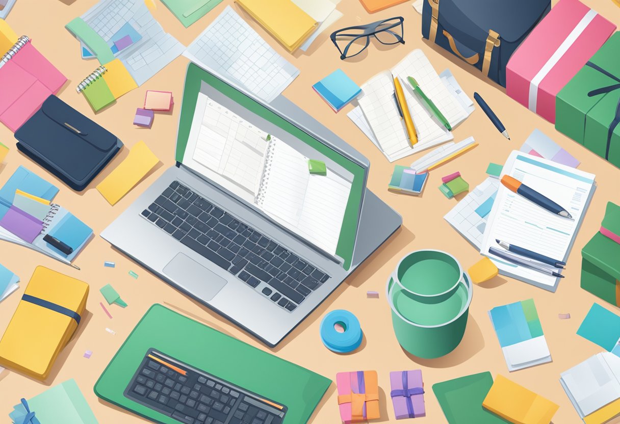 A table with a laptop, pen, and notepad, surrounded by gift catalogs and budget spreadsheets