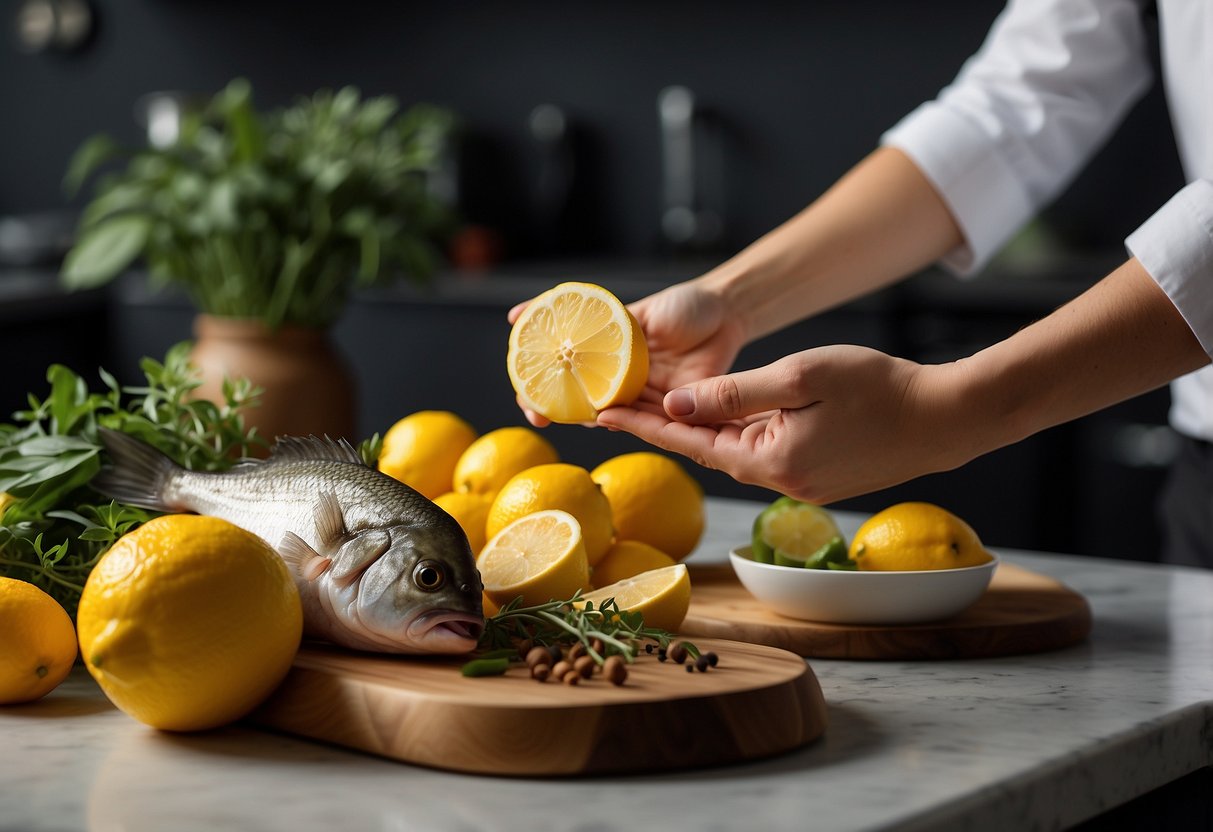 A hand reaches for a fresh lemon, a fillet of fish, and a variety of herbs and spices on a clean kitchen counter