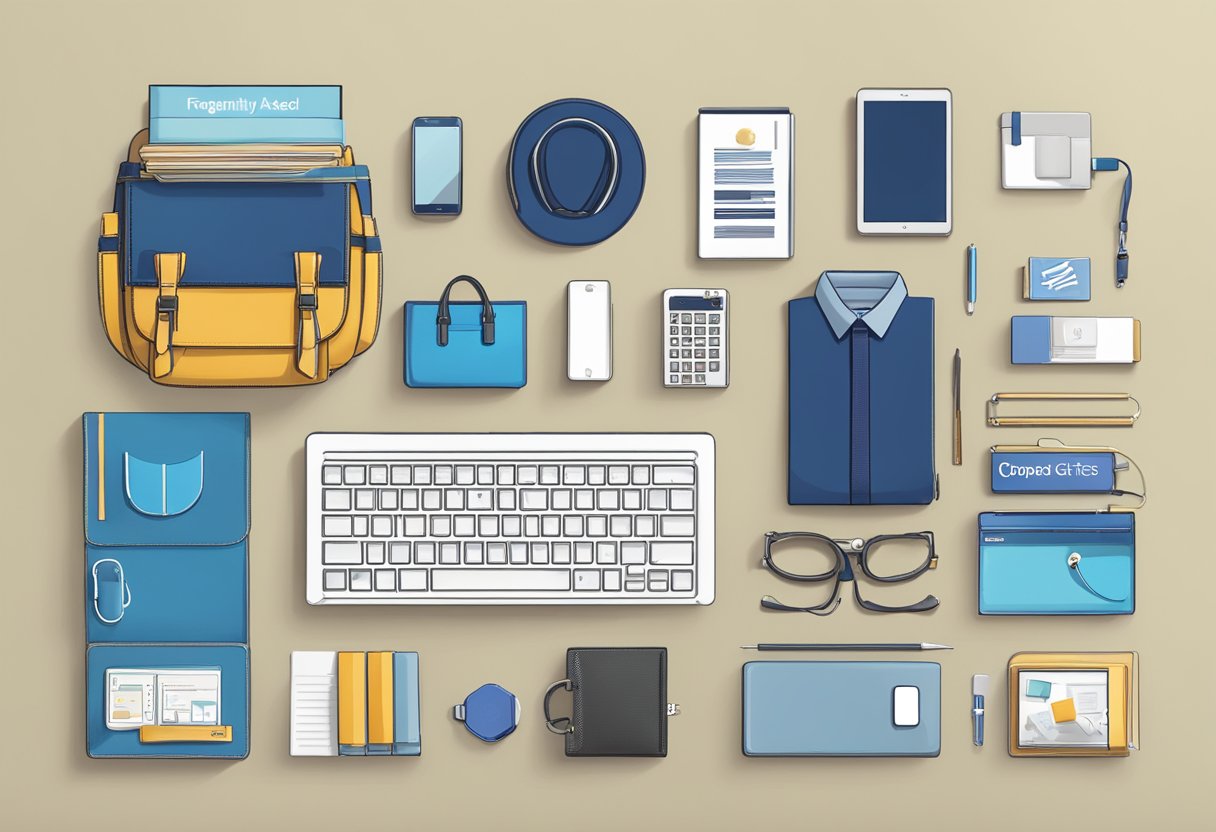 A table with various corporate gifts displayed, including branded items, tech gadgets, and luxury accessories. A sign reads "Frequently Asked Questions: Best Corporate Gifts."