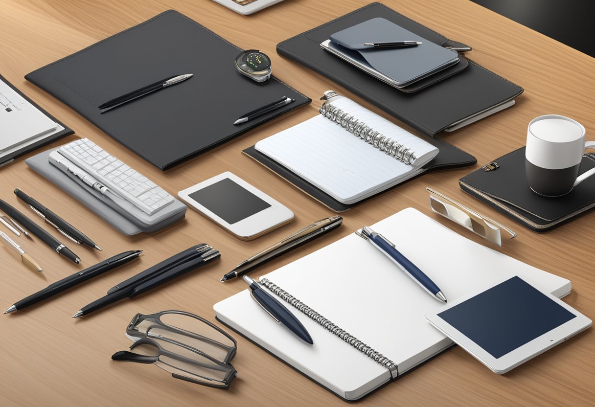 A table with elegant pens, notebooks, and tech accessories. Company logo prominently displayed on each item. A professional and luxurious display of corporate gifts under $100