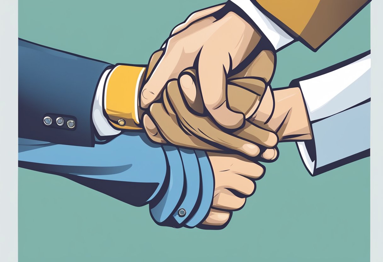 A handshake between two business partners exchanging corporate gifts