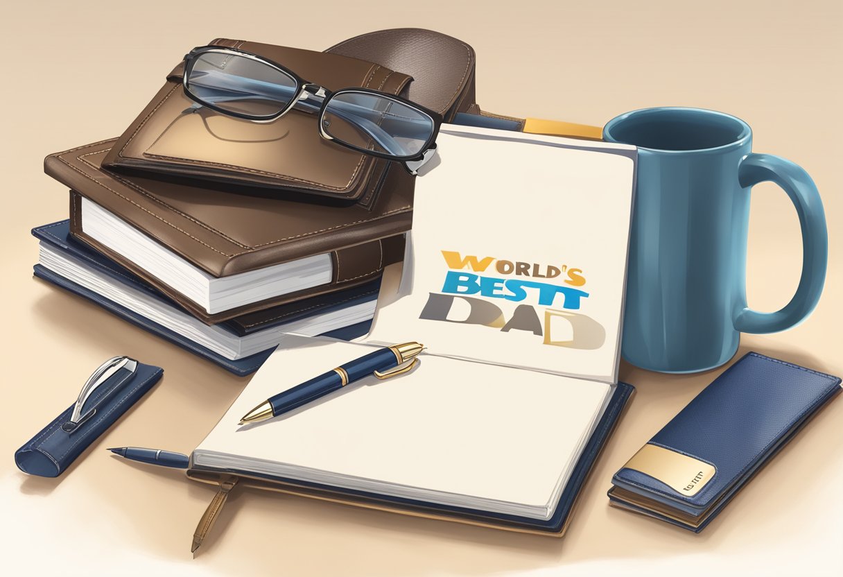 A desk with a sleek pen set, leather-bound planner, and personalized mug. A trophy with "World's Best Dad" inscribed. A stack of business books and a framed family photo