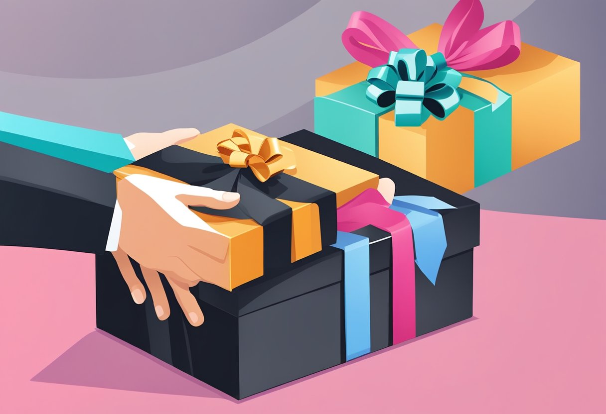 A hand reaches for a black gift box with purchasing and delivery options displayed on the side