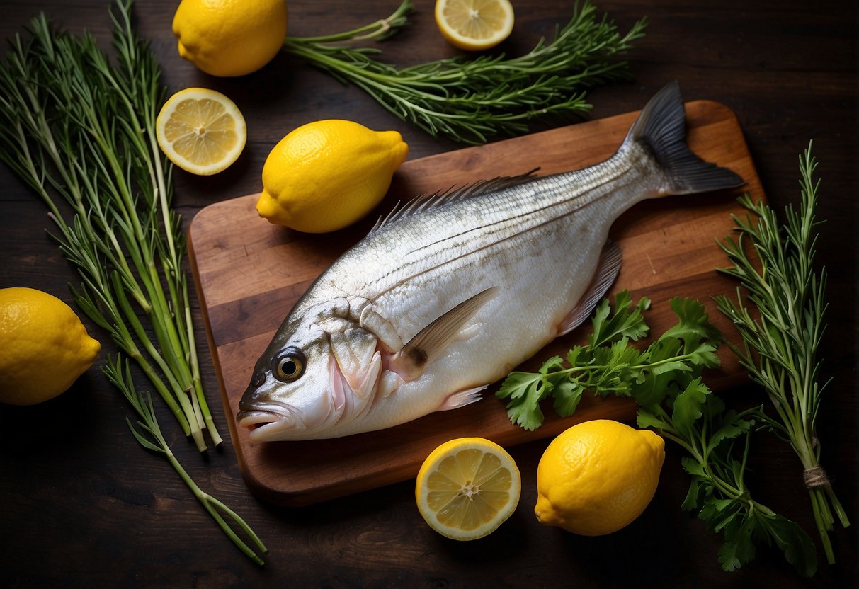 A cutting board with a whole fish, lemons, herbs, and a knife for a lemon fish recipe preparation