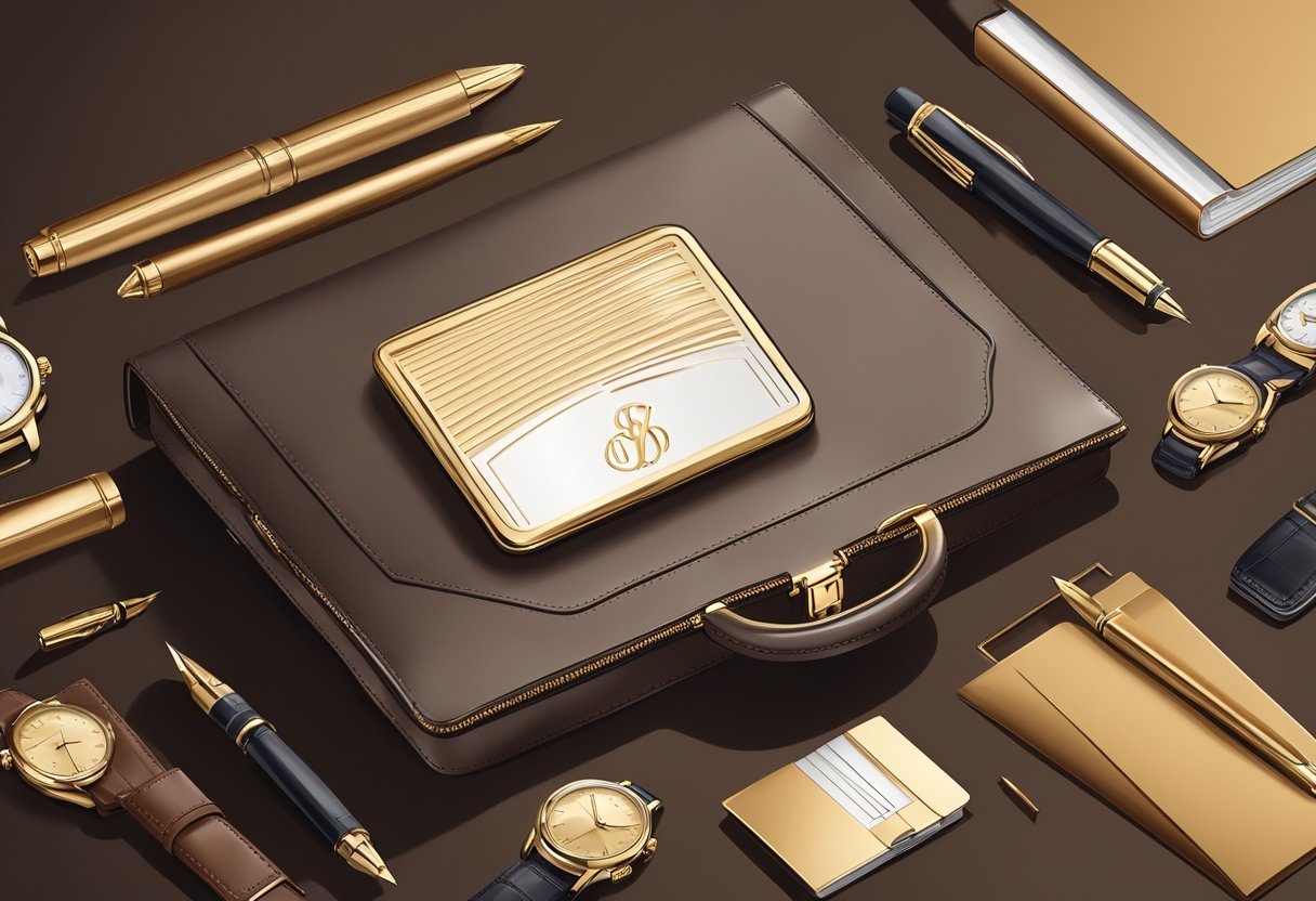 A hand reaches for a sleek leather briefcase with a gold monogram, surrounded by elegant pens, a polished desk set, and a sophisticated watch