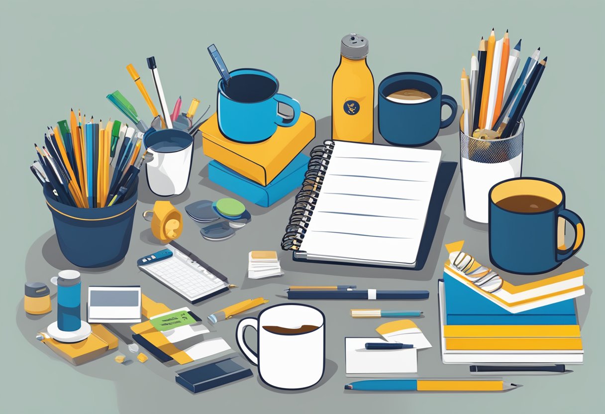 A table with a variety of branded corporate gifts under $100 neatly displayed, including personalized items such as mugs, notebooks, and pens